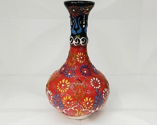 Çini Geleneksel Desenli Seramik Vazo 16 cm Çiçek Biblo Çini Seramik Dekoratif Obje         