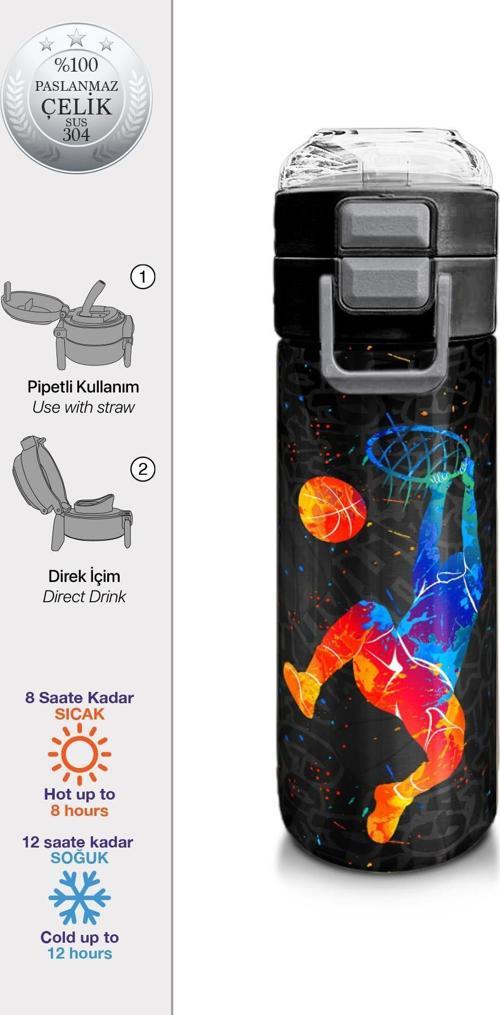 Kids Gri Basketbol Desenli Pipetli ve Direkt İçim Çelik Termos 500 ml 31856
