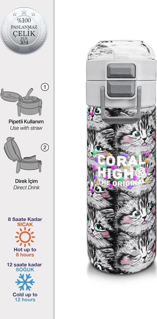 Kids Gri Kedi Desenli Pipetli ve Direkt İçim Çelik Termos 500 ml 31851