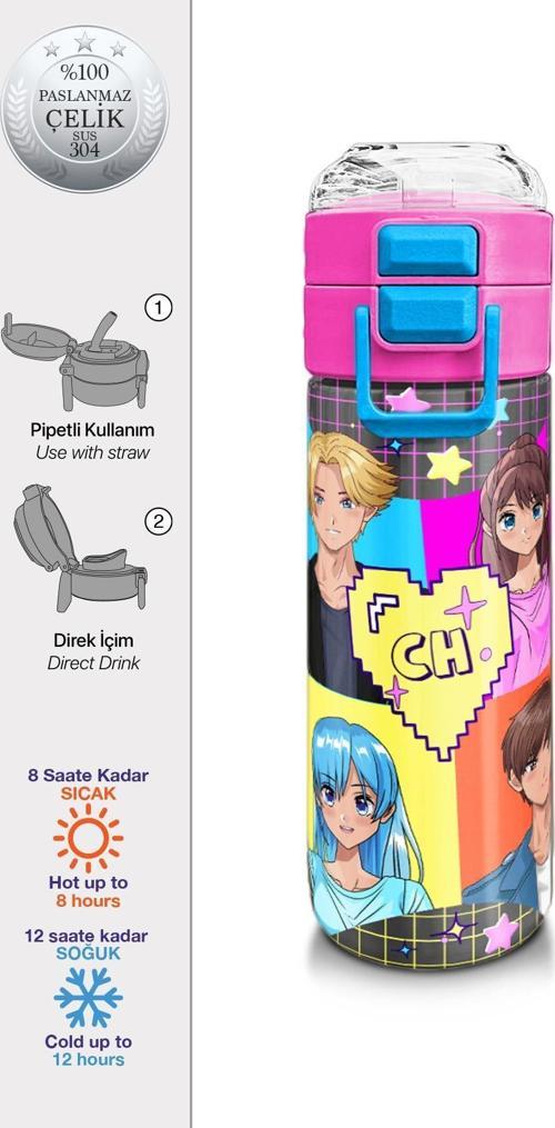 Kids Gri Mavi Pembe Anime Desenli Pipetli ve Direkt İçim Çelik Termos 500 ml 31943
