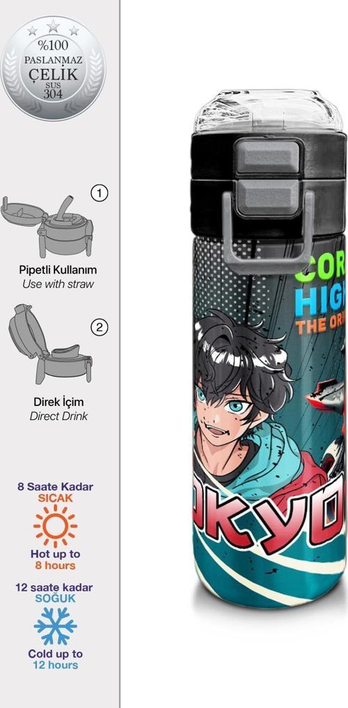 Kids Gri Nefti Anime Motorsiklet Desenli Pipetli ve Direkt İçim Çelik Termos 500 ml 31965