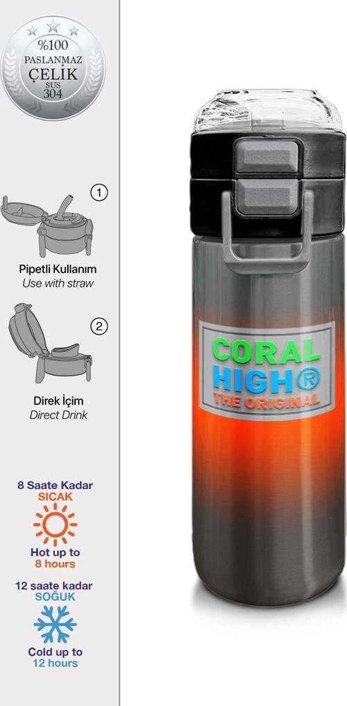 Kids Gri Turuncu Renk Geçişli Pipetli ve Direkt İçim Çelik Termos 500 ml 31949
