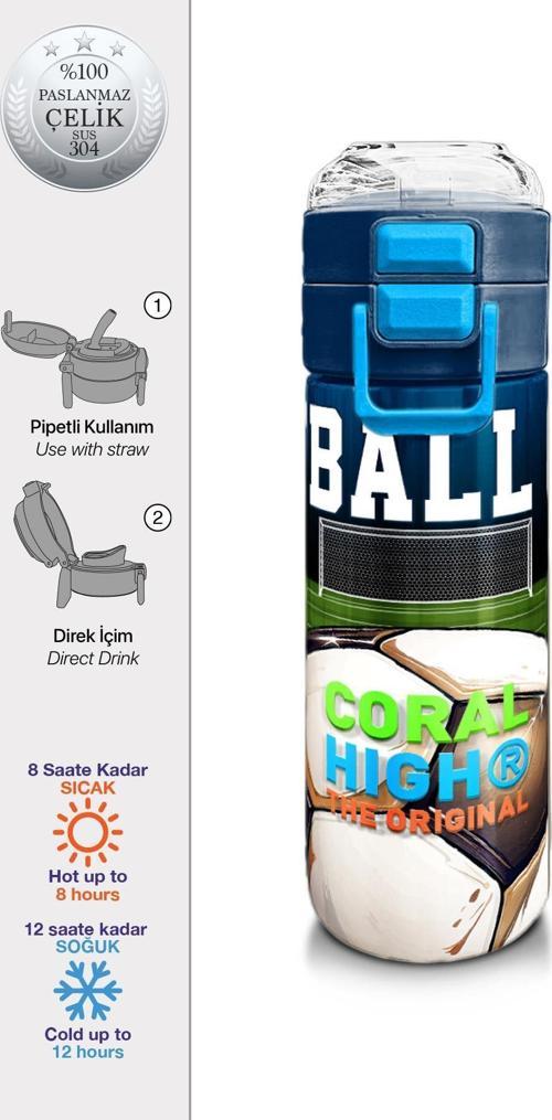 Kids Lacivert Futbol Desenli Pipetli ve Direkt İçim Çelik Termos 500 ml 31995