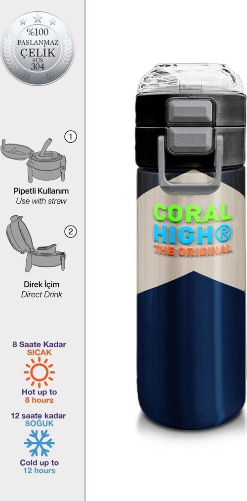 Kids Lacivert Koyu Gri Bej Desenli Pipetli ve Direkt İçim Çelik Termos 500 ml 31893