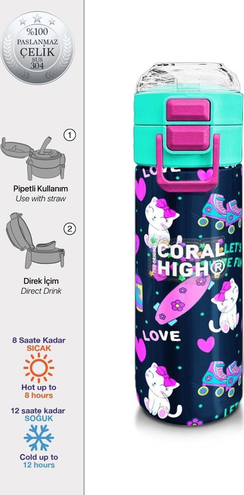 Kids Lacivert Pembe Kedili Paten Desenli Pipetli ve Direkt İçim Çelik Termos 500 ml 31983