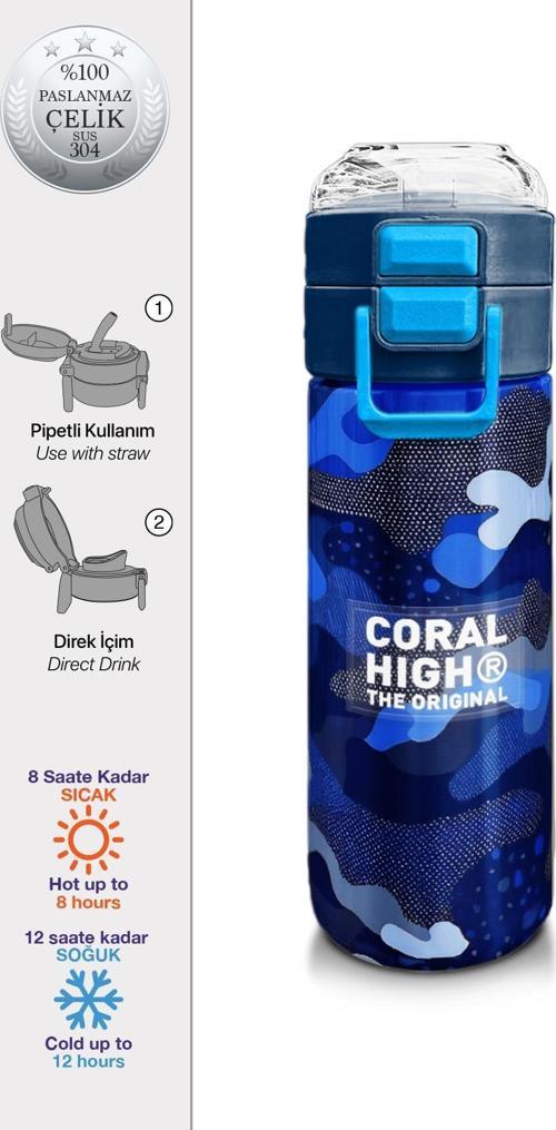 Kids Lacivert Saks Kamuflaj Desenli Pipetli ve Direkt İçim Çelik Termos 500 ml 31889