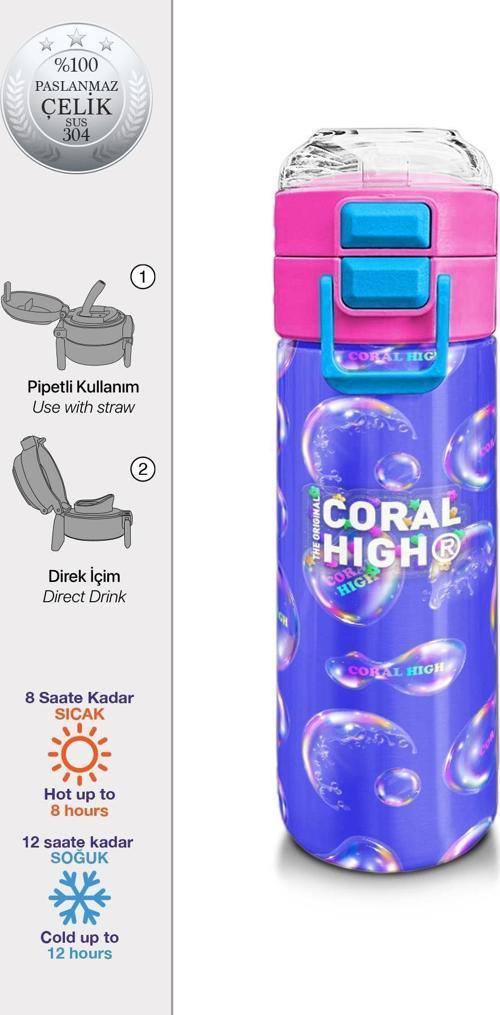 Kids Lavanta Pembe Baloncuk Desenli Pipetli ve Direkt İçim Çelik Termos 500 ml 31981