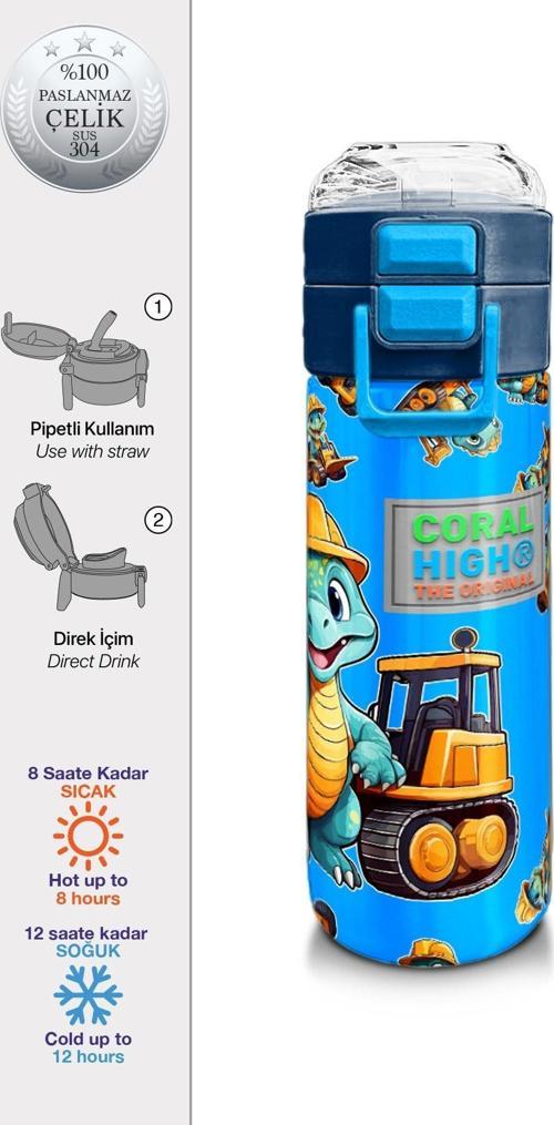 Kids Mavi Dinozor Desenli Pipetli ve Direkt İçim Çelik Termos 500 ml 31799