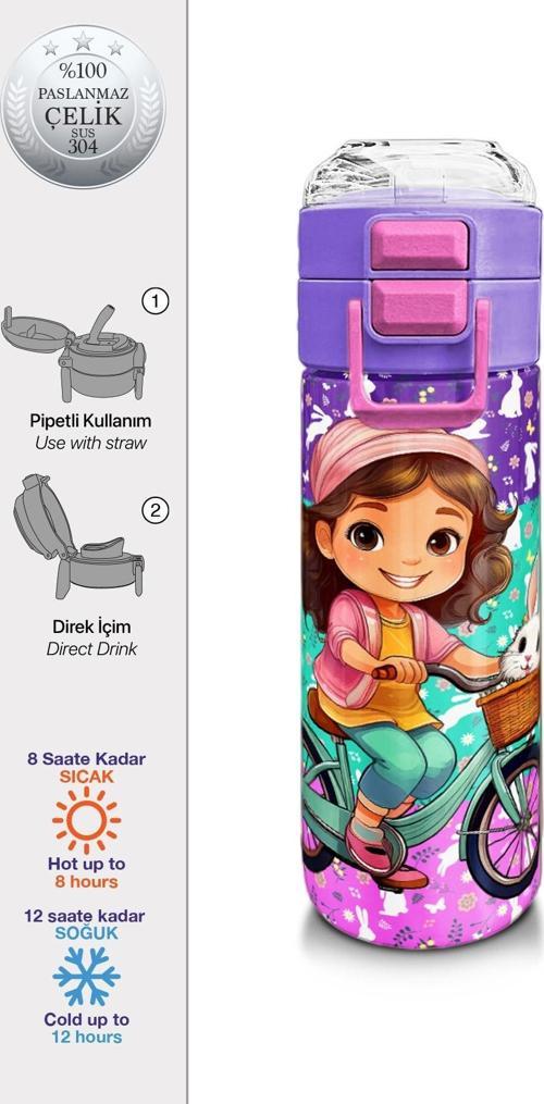 Kids Mor Pembe Bisikletli Kız Desenli Pipetli ve Direkt İçim Çelik Termos 500 ml 31797