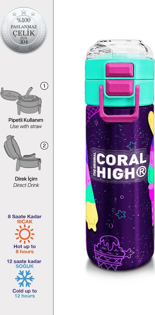 Kids Mor Pembe Dondurma Desenli Pipetli ve Direkt İçim Çelik Termos 500 ml 31980
