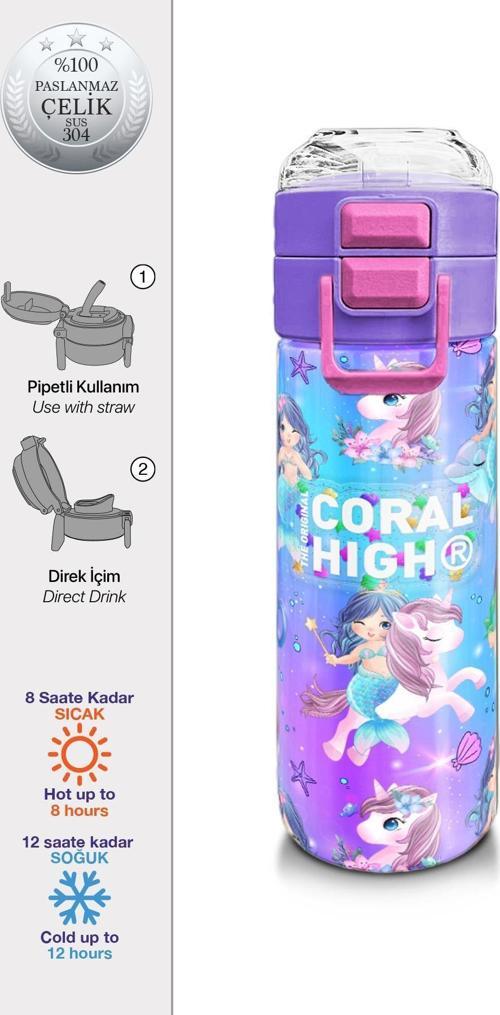 Kids Mor Pembe Unicorn Deniz Kızı Desenli Pipetli ve Direkt İçim Çelik Termos 500 ml 31982