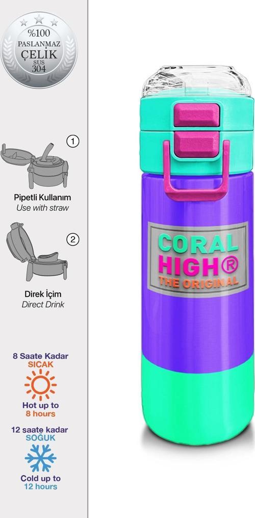 Kids Mor Renk Detaylı Desenli Pipetli ve Direkt İçim Çelik Termos 500 ml 31941