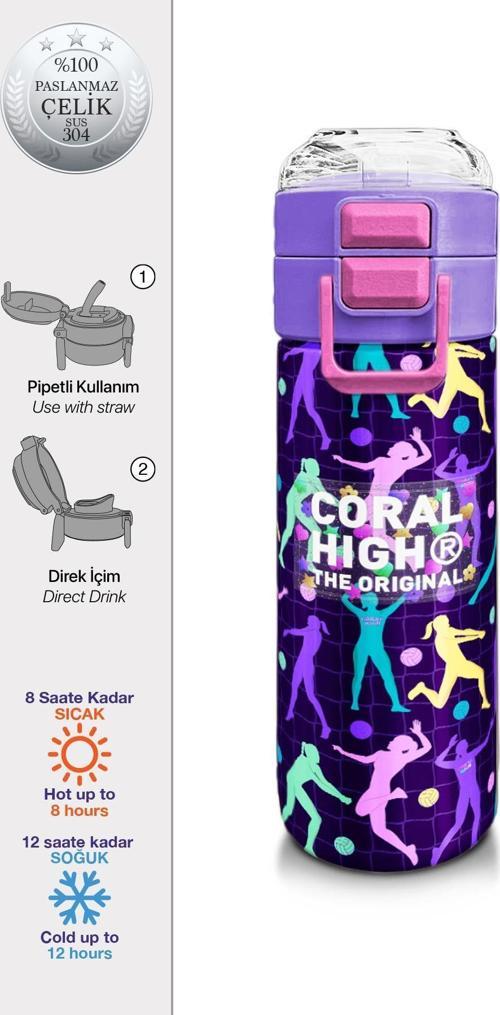 Kids Mor Voleybol Desenli Pipetli ve Direkt İçim Çelik Termos 500 ml 31849