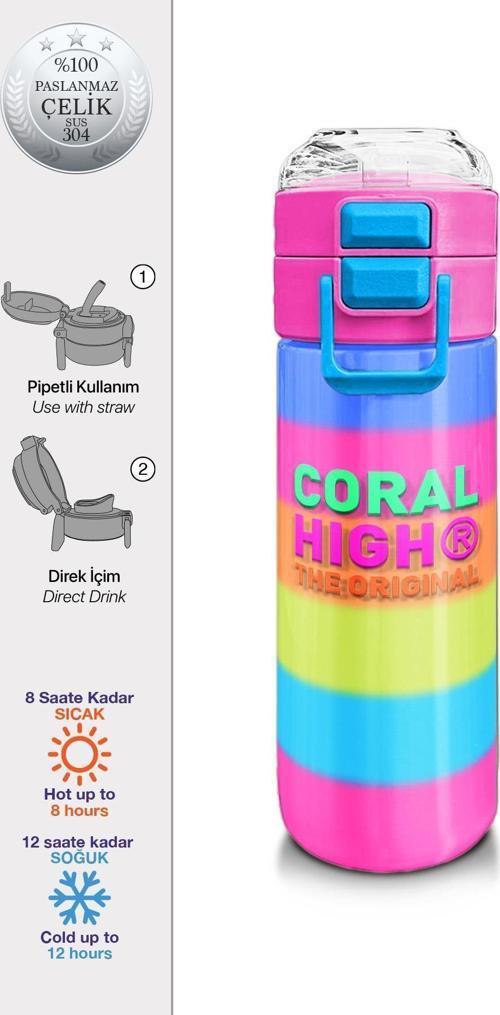 Kids Renkli Çizgili Pipetli ve Direk İçimli Paslanmaz Çelik Termos 500 ML 31986