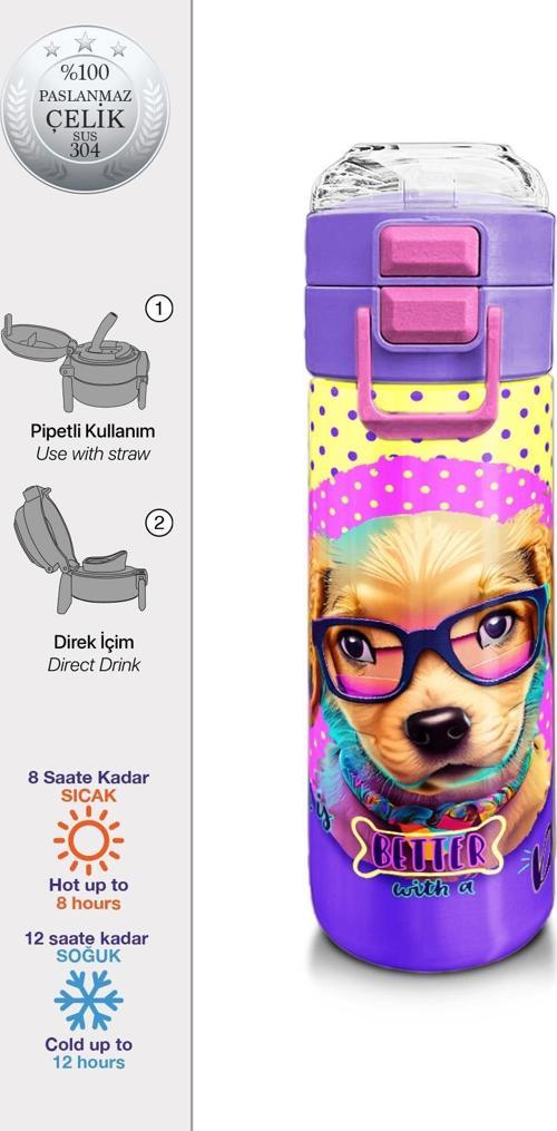 Kids Sarı Pembe Sevimli Köpek Desenli Pipetli ve Direkt İçim Çelik Termos 500 ml 31953