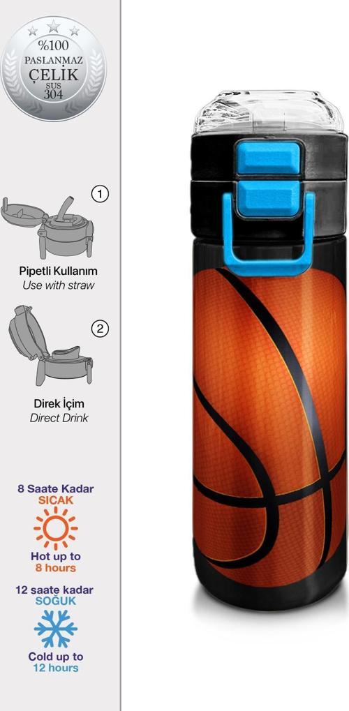 Kids Siyah Basketbol Desenli Pipetli ve Direkt İçim Çelik Termos 500 ml 31795
