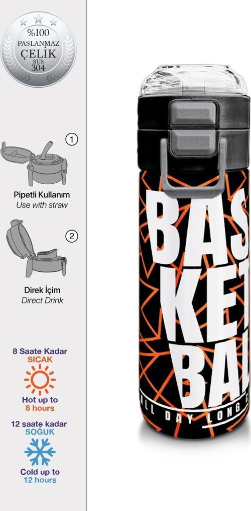 Kids Siyah Basketbol Desenli Pipetli ve Direkt İçim Çelik Termos 500 ml 31852