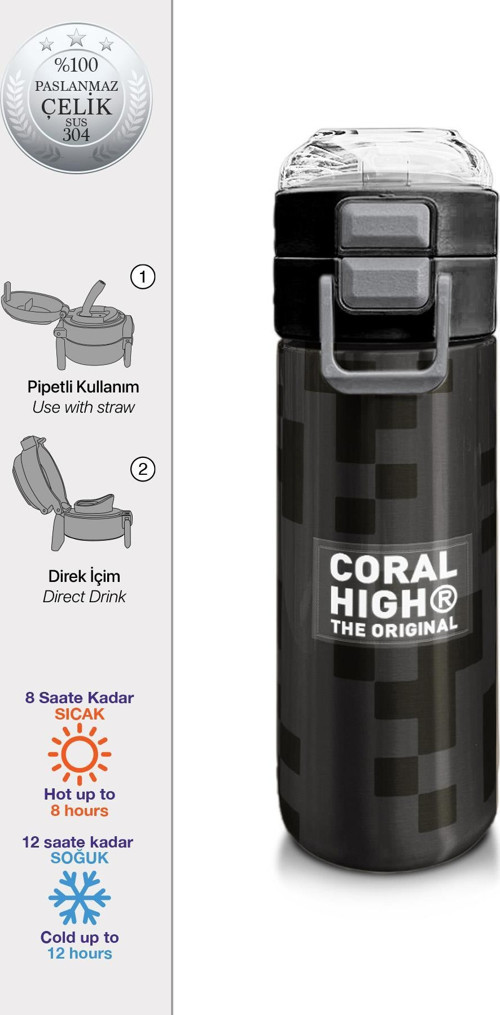 Kids Siyah Blok Desenli Pipetli ve Direkt İçim Çelik Termos 500 ml 31894