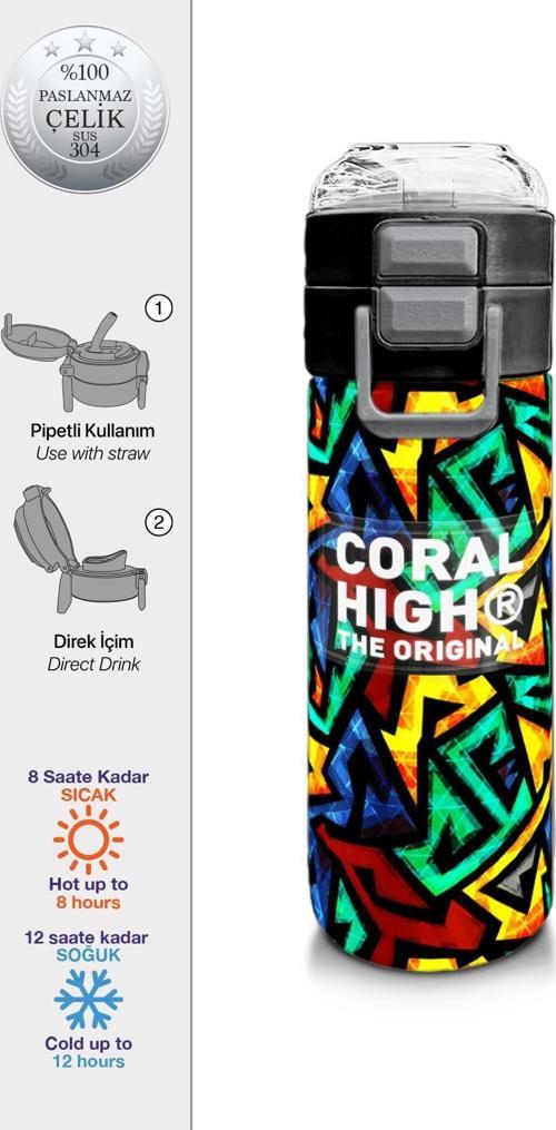 Kids Siyah Grafiti Desenli Pipetli ve Direkt İçim Çelik Termos 500 ml 31847