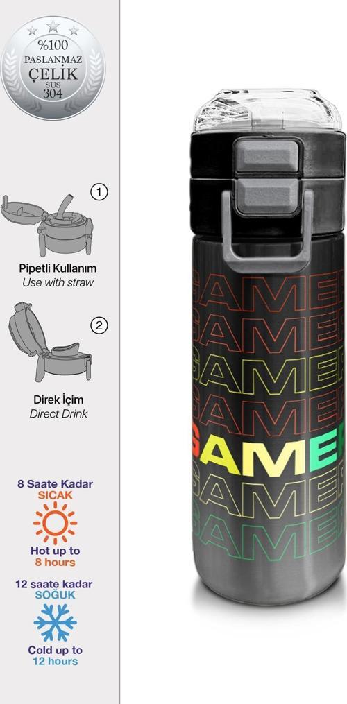 Kids Siyah Gri Gamer Desenli Pipetli ve Direkt İçim Çelik Termos 500 ml 31853