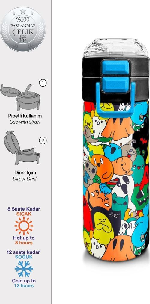 Kids Siyah Karikatür Çizgili Desenli Pipetli ve Direkt İçim Çelik Termos 500 ml 31990