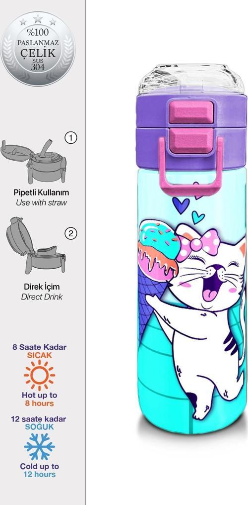 Kids Turkuaz Pembe Dondurmalı Desenli Pipetli ve Direkt İçim Çelik Termos 500 ml 31952