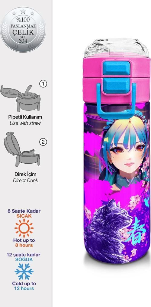 KidsMor Pembe Anime Kedi Desenli Pipetli ve Direkt İçim Çelik Termos 500 ml 31954