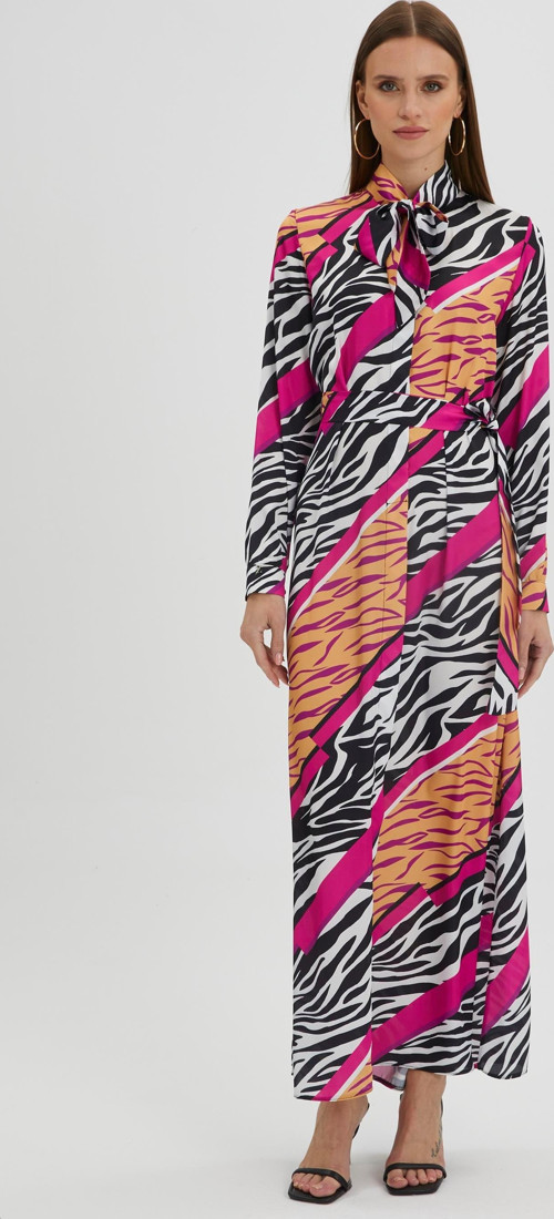 Zebra Desenli Fiyonk Yaka Uzun Siyah/Fuşya Elbise E-0336