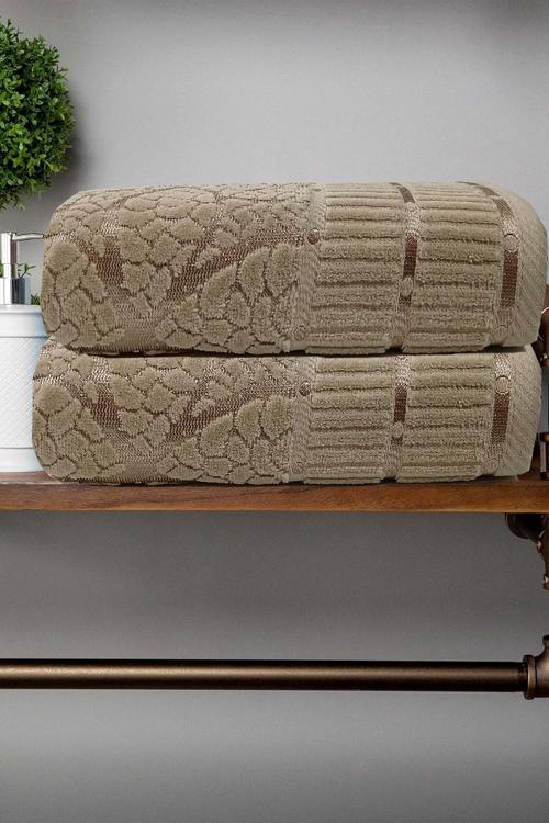 2 li Jakarlı Kadife Yaprak Desenli Lüks El Yüz Havlu Seti 50x90 Cm %100 Pamuklu