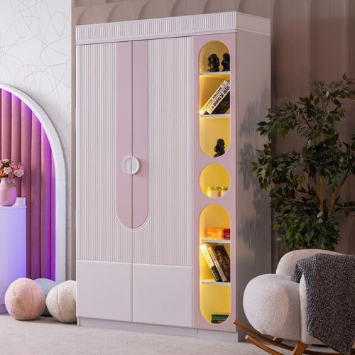 Gardırop, Vira 2 Kapaklı Dolap ve Ledli Kitaplık - Pembe