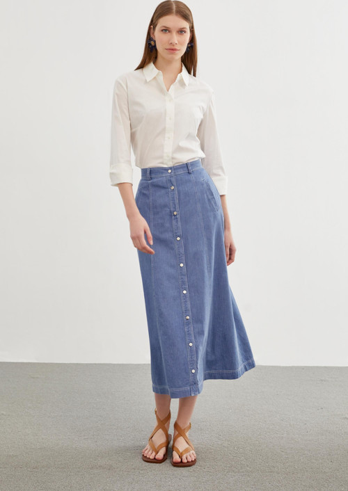 Denim Düğmeli Mavi Uzun Etek ETK-0152