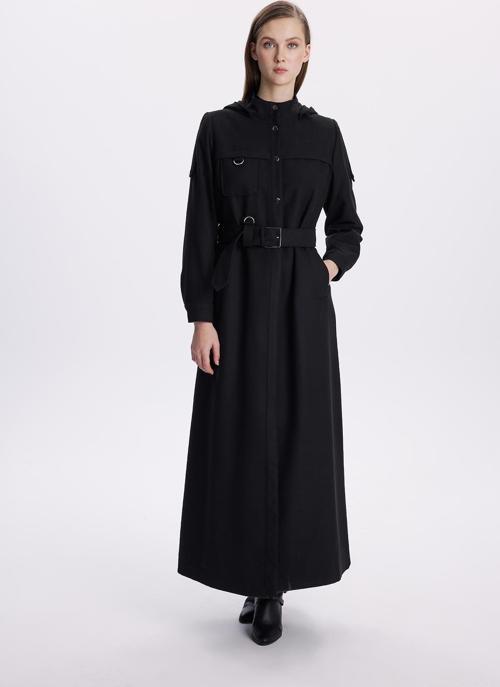 Kapüşonlu Cep Detaylı Siyah Pardesü 13677