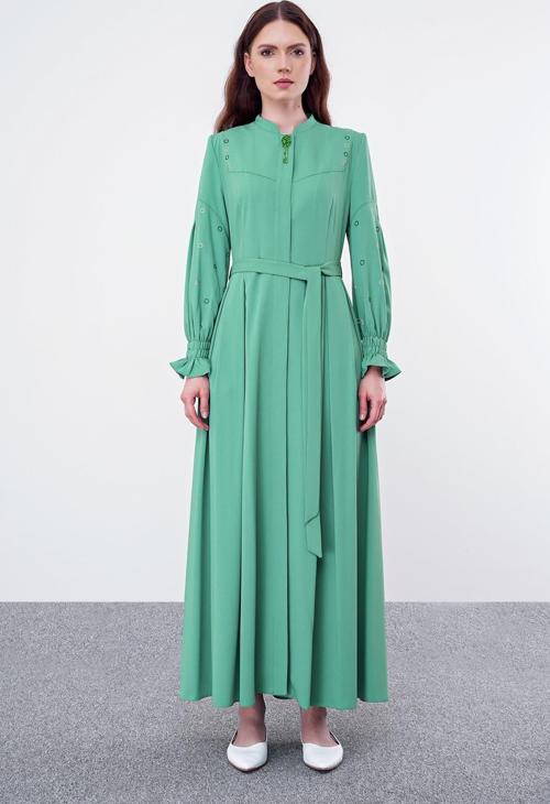Kuşaklı Aksesuar Detaylı Yeşil Pardesü 12399
