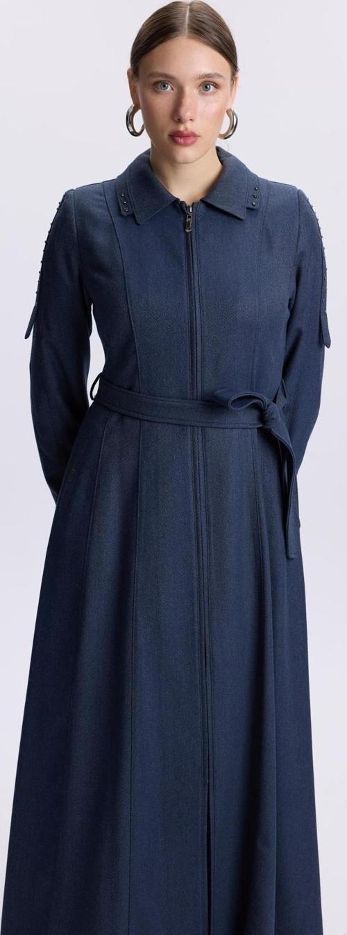 Yaka Ve Kol Detaylı İndigo Pardesü 13578