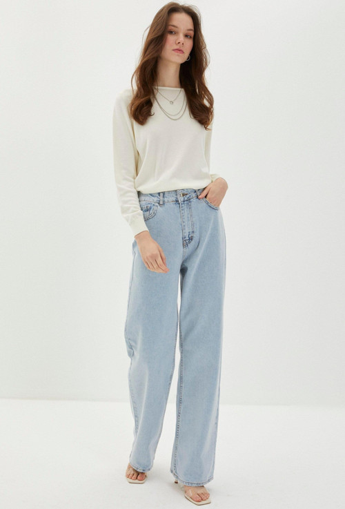 Denim Yüksek Bel Bol Paça Mavi Pantolon P-0140