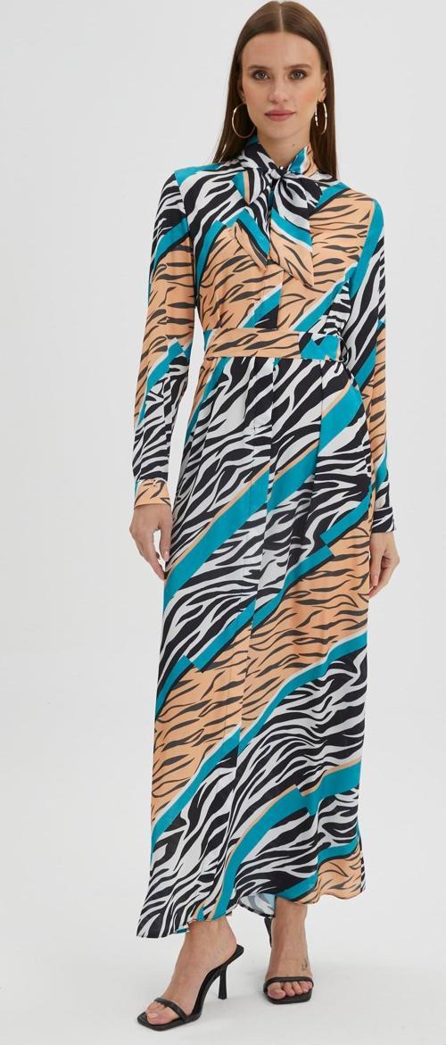 Zebra Desenli Fiyonk Yaka Uzun Siyah/Cam Göbeği Elbise E-0336