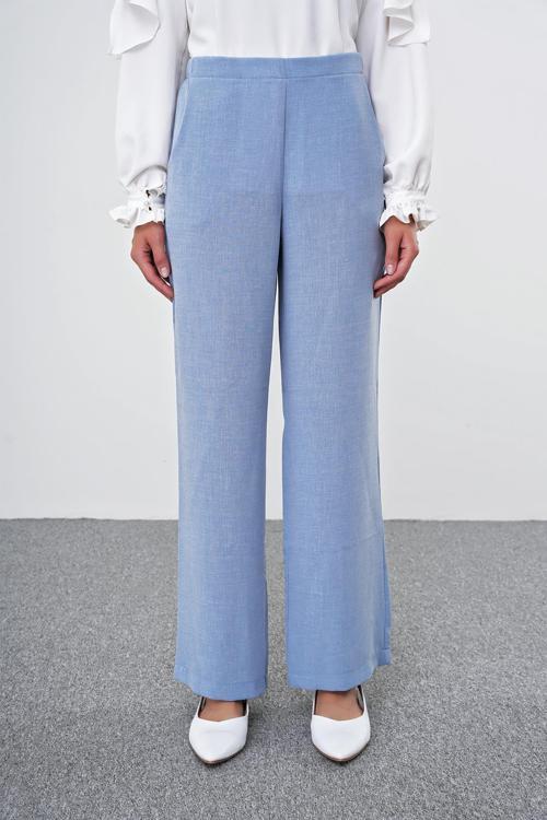 Geniş Paça Beli Lastik Detaylı Mavi Kumaş Pantolon  P-0102 Leona
