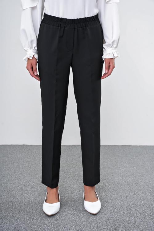 Dar Paça Beli Lastikli Siyah Kumaş Pantolon P-0148