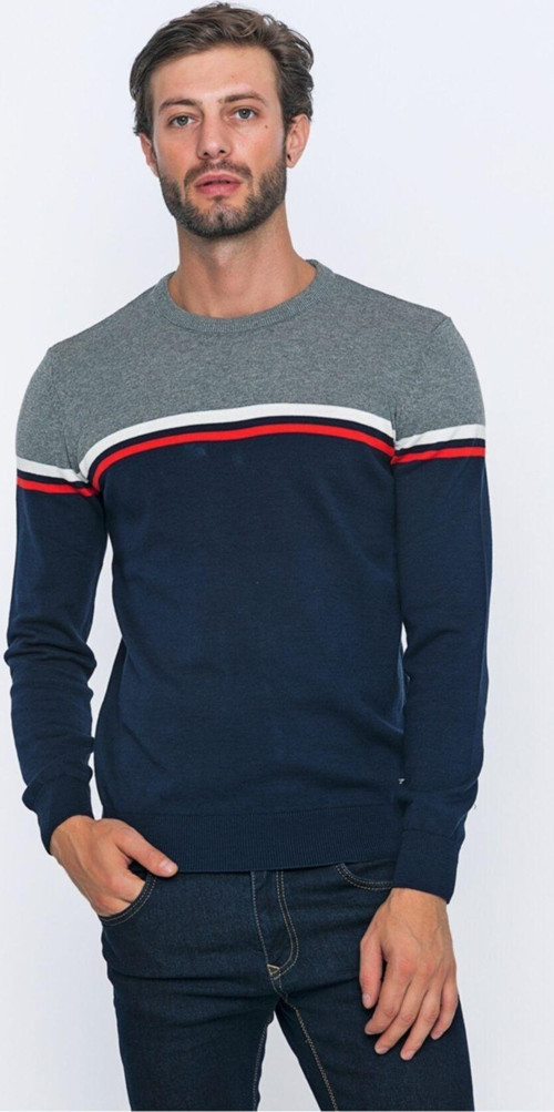 Erkek Çizgili Lacivert Kazak Lacivert 2XL