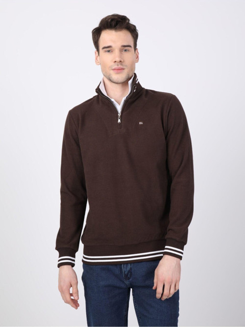 Erkek Fermuarlı Sweatshirt Kahverengi XL