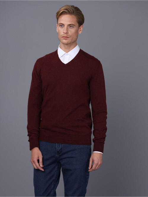 Erkek Bordo V Yaka Triko Kazak Bordo - Gri XL