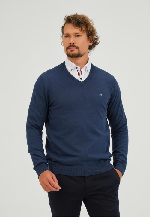 Erkek V Yaka Düz Renk Triko Kazak Indigo XL