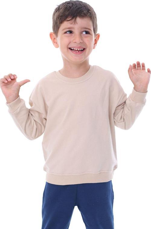 Basic Düz Renk Bej Fırçalı Yumuşak %100 Pamuk Sweatshirt