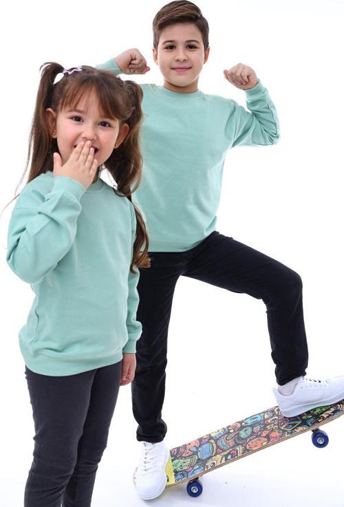 Basic Bisiklet Yaka Şardonlu Çocuk Sweatshirt 3-10 Yaş Su Yeşil