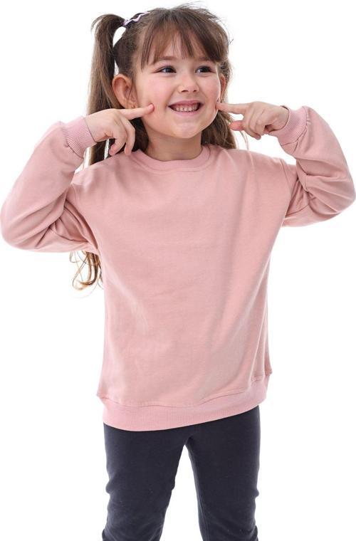 Basic Bisiklet Yaka Şardonlu Çocuk Sweatshirt 3-10 Yaş Pudra