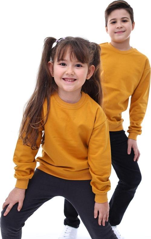 Basic Bisiklet Yaka Şardonlu Çocuk Sweatshirt 3-10 Yaş Hardal
