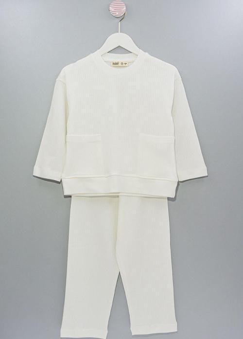 Fitilli Cepli Ekru Kız Çocuk Pijama Takımı