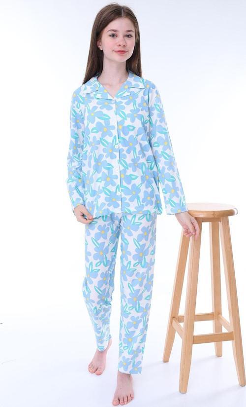 Mavi Papatya Desenli Düğmeli %100 Pamuk Kız Çocuk Pijama Takımı