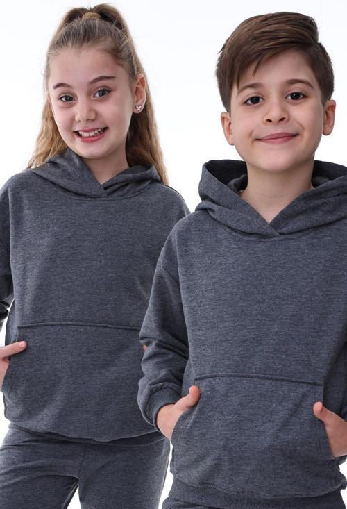 Basic Kapüşonlu Şardonlu Kanguru Cep Detaylı Çocuk Sweatshirt 3-10 Yaş Füme