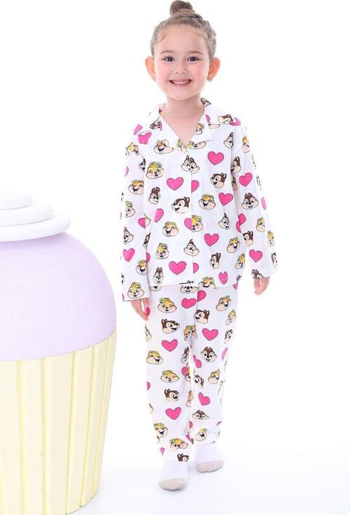 Sevimli Chip Dale Baskılı Düğmeli %100 Pamuk Kız Çocuk Pijama Takımı